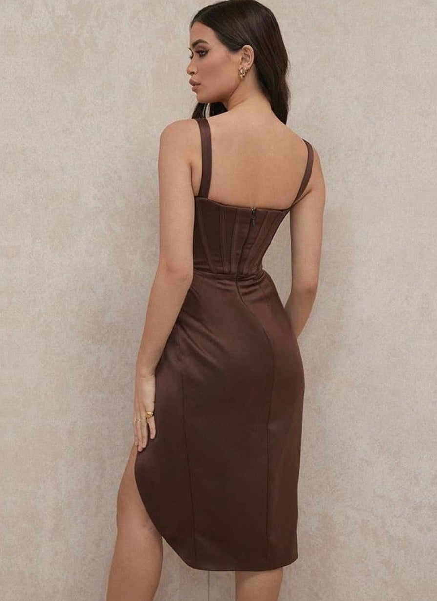 House of CB Faye Satin Pleated Corset Dress